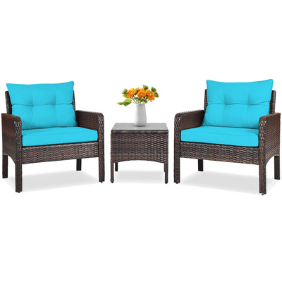 3 Pieces Outdoor Patio Rattan Conversation Set with Seat Cushions - Relaxacare
