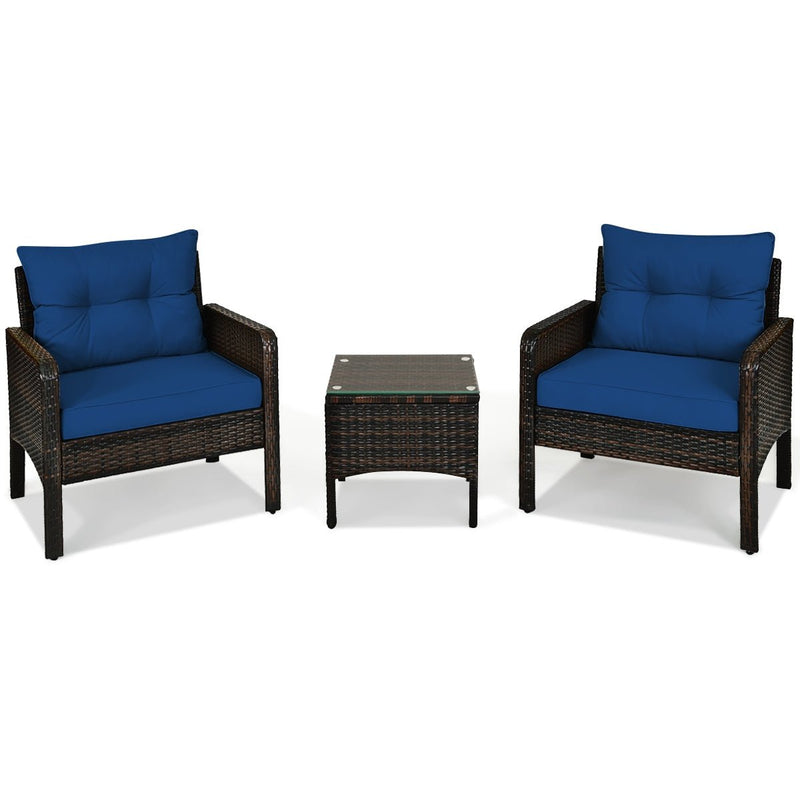 3 Pieces Outdoor Patio Rattan Conversation Set with Seat Cushions-Navy - Relaxacare