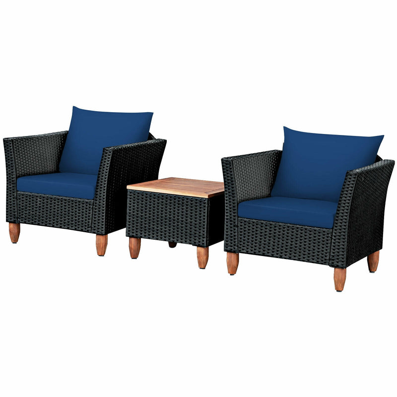 3 Pieces Outdoor Patio Wicker Furniture Set with Cushions and Acacia Wood Coffee Table - Relaxacare