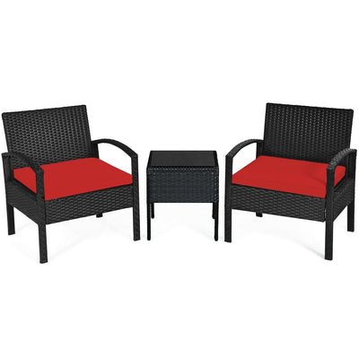 3 Pieces Outdoor Rattan Patio Conversation Set with Seat Cushions-Red - Relaxacare