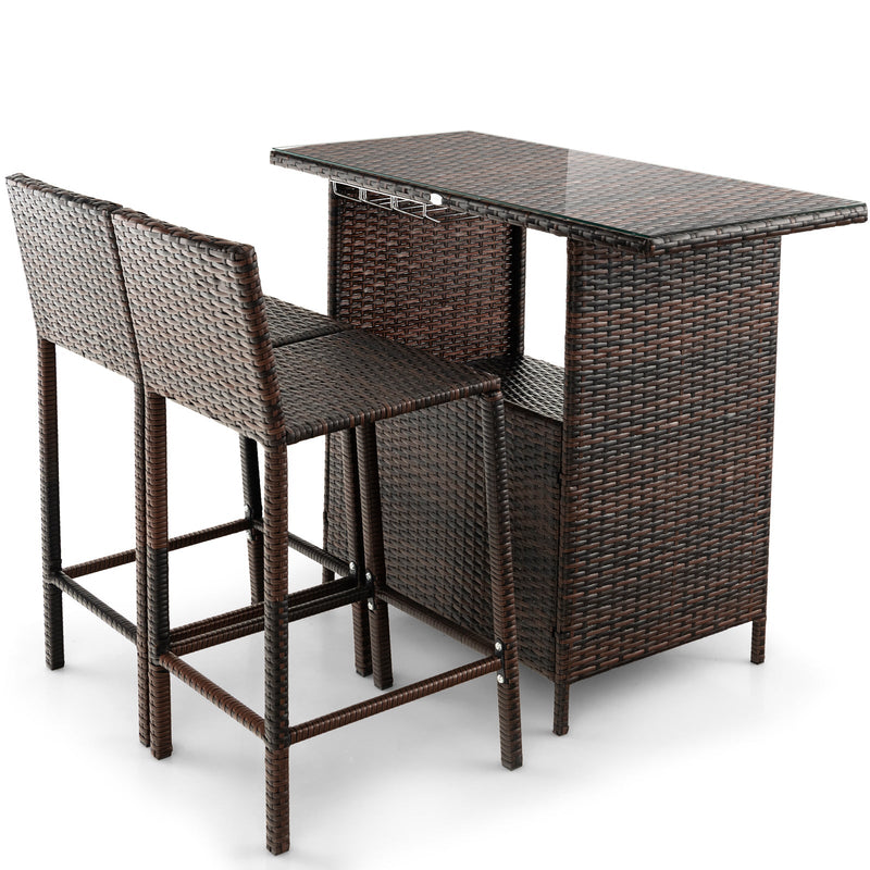 3 Pieces Outdoor Wicker Bar Set with 3 Rows Stemware Racks - Relaxacare