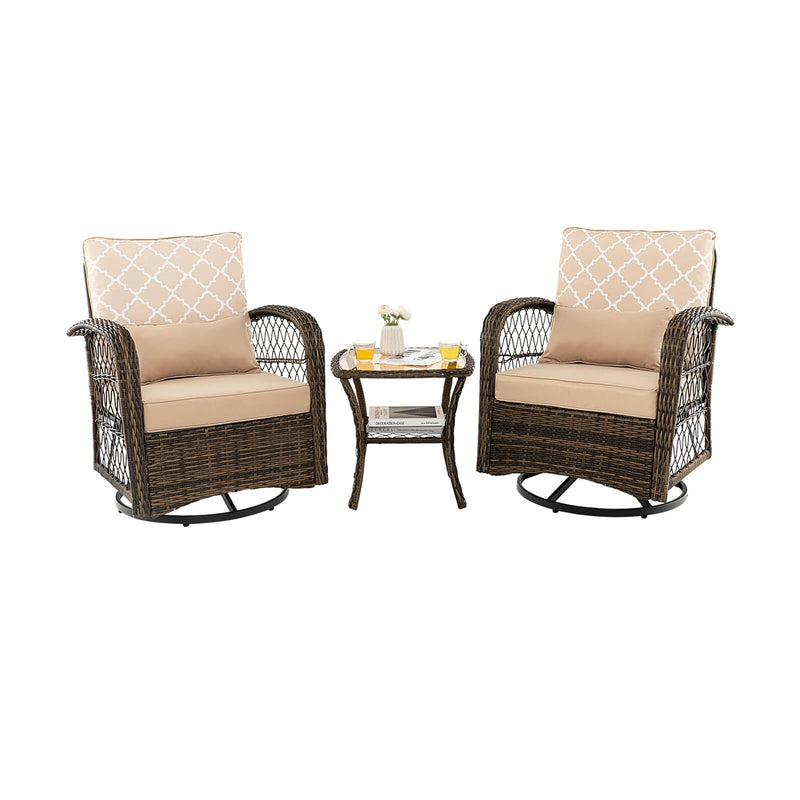 3 Pieces Outdoor Wicker Conversation Set with Tempered Glass Coffee Table-Beige - Relaxacare