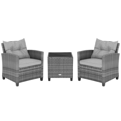 3 Pieces Outdoor Wicker Conversation Set with Tempered Glass Tabletop - Relaxacare