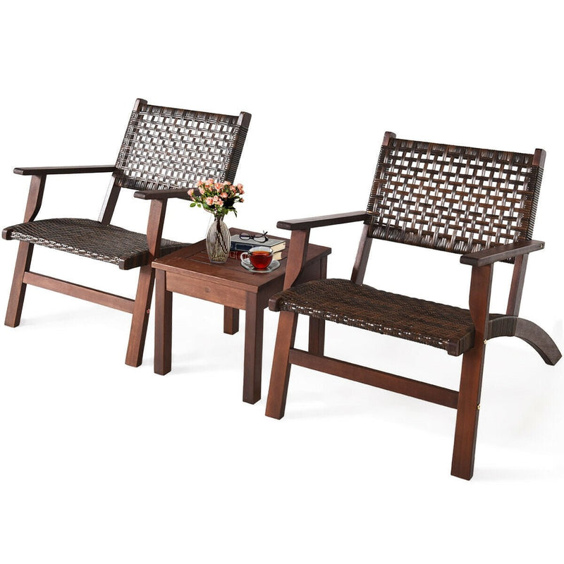 3 Pieces Outdoor Wooden Patio Rattan Furniture Set - Relaxacare