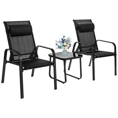 3 Pieces Patio Bistro Furniture Set with Adjustable Backrest-Black - Relaxacare