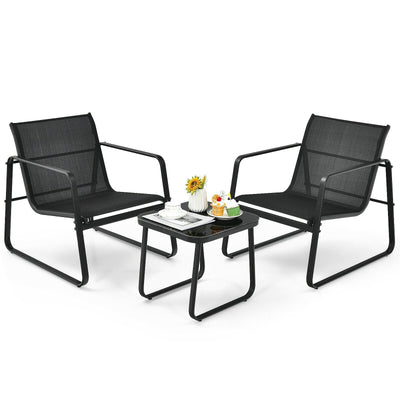 3 Pieces Patio Bistro Furniture Set with Glass Top Table Garden Deck-Black - Relaxacare