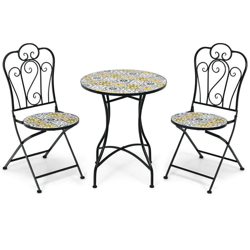 3 Pieces Patio Bistro Mosaic Design Set with Folding Chairs and Round Table - Relaxacare