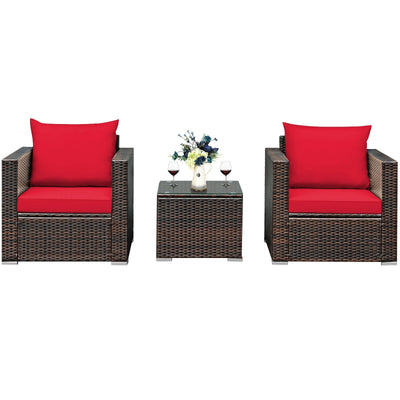 3 Pieces Patio Conversation Rattan Furniture Set with Cushion - Relaxacare