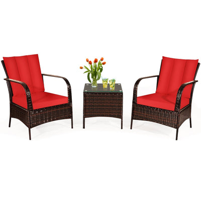 3 Pieces Patio Conversation Rattan Furniture Set with Cushions-Red - Relaxacare