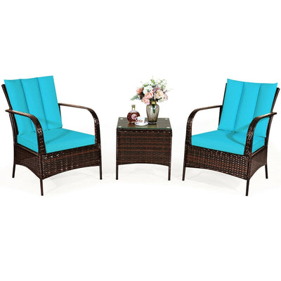 3 Pieces Patio Conversation Rattan Furniture Set with Cushions-Turquoise - Relaxacare