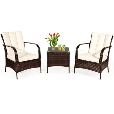 3 Pieces Patio Conversation Rattan Furniture Set with Cushions-White - Relaxacare