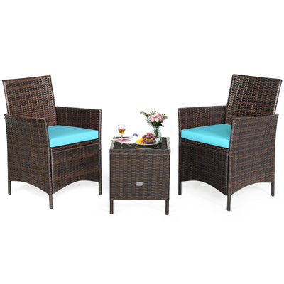 3 Pieces Patio Cushioned Rattan Converstaion Set With Glass Table Top - Relaxacare