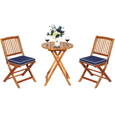 3 Pieces Patio Folding Wooden Bistro Set Cushioned Chair-Navy - Relaxacare
