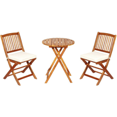 3 Pieces Patio Folding Wooden Bistro Set Cushioned Chair-White - Relaxacare