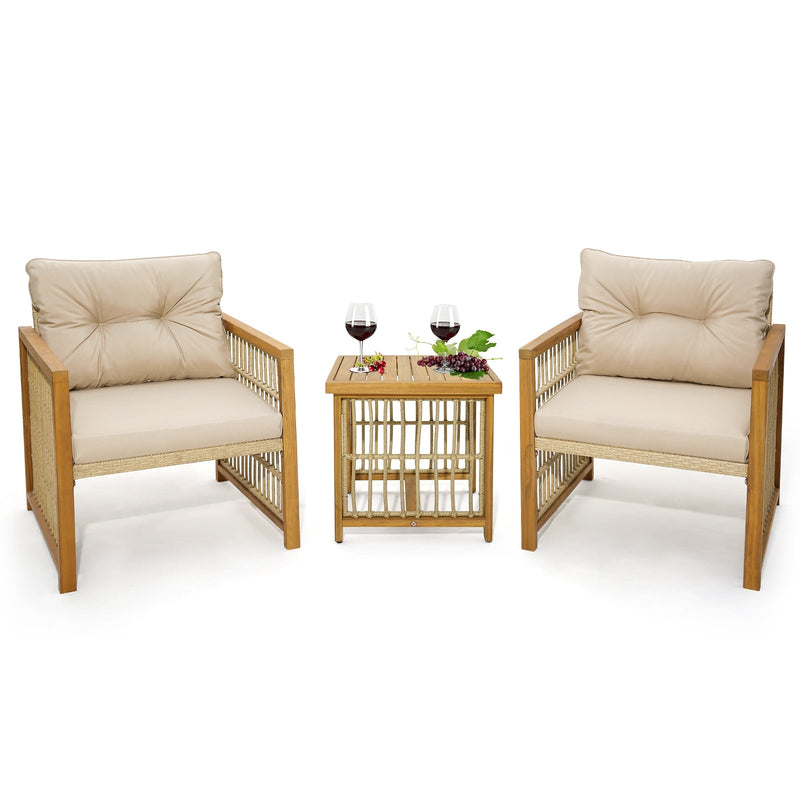 3 Pieces Patio PE Wicker Conversation Set with Acacia Wood Frame and Cushions - Relaxacare