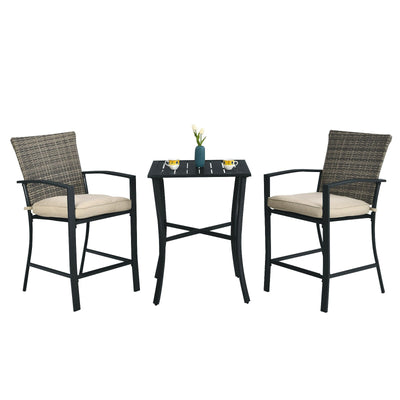 3 Pieces Patio Rattan Bar Furniture Set with Slat Table and 2 Cushioned Stools-Gray - Relaxacare