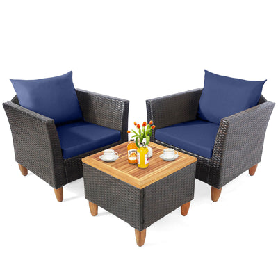 3 Pieces Patio Rattan Bistro Furniture Set with Wooden Table Top - Relaxacare