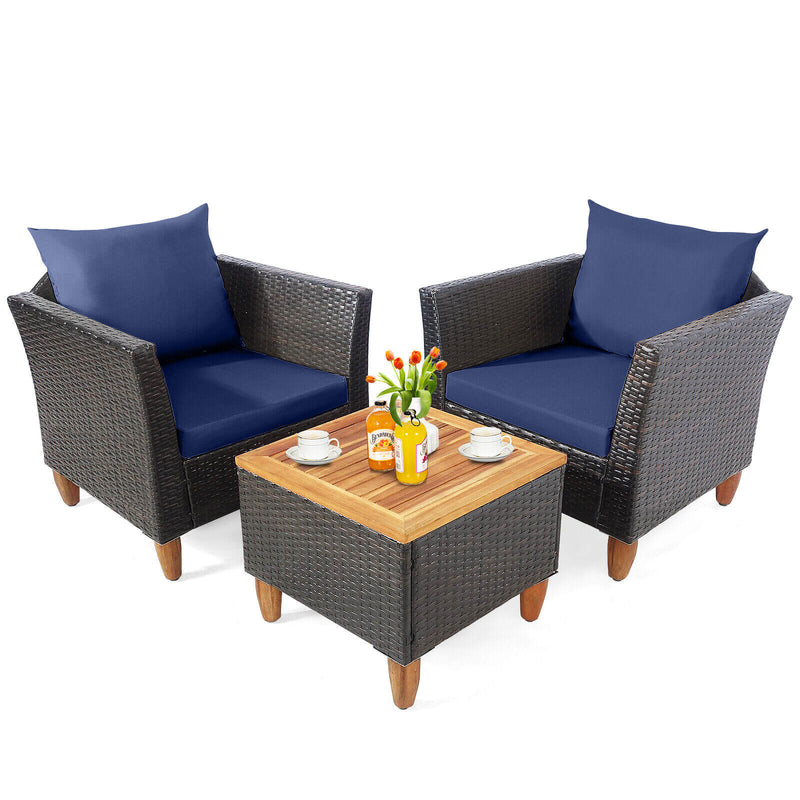 3 Pieces Patio Rattan Bistro Furniture Set with Wooden Table Top - Relaxacare