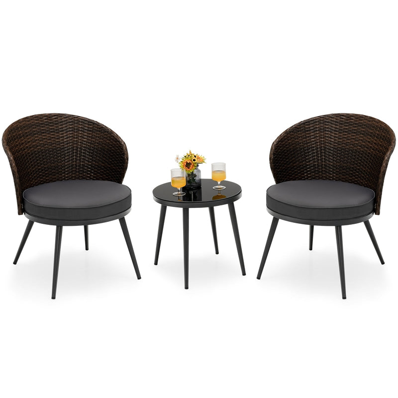 3 Pieces Patio Rattan Bistro Set with 2 Seat Cushions and Tempered Glass Tabletop - Relaxacare