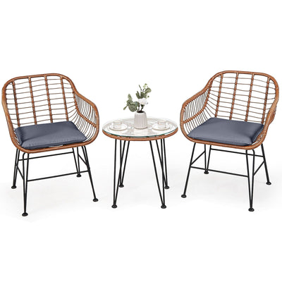 3 Pieces Patio Rattan Bistro Set with Cushion-Gray - Relaxacare