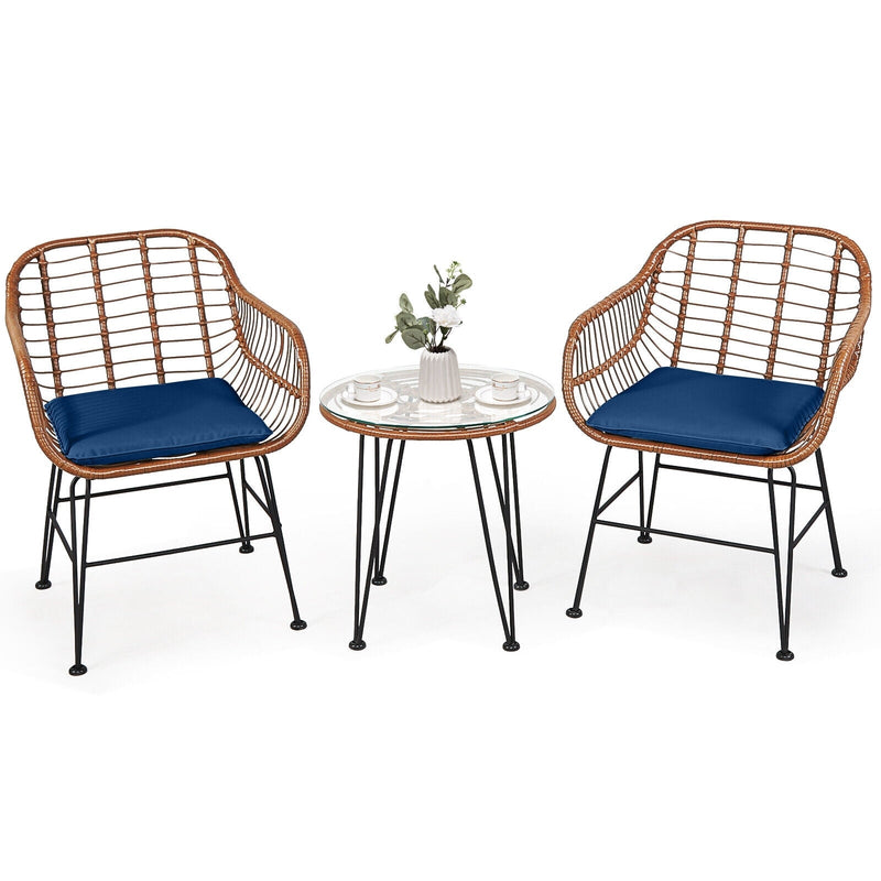 3 Pieces Patio Rattan Bistro Set with Cushion-Navy - Relaxacare