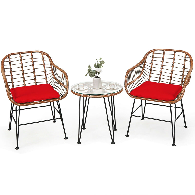 3 Pieces Patio Rattan Bistro Set with Cushion-Red - Relaxacare
