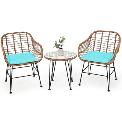 3 Pieces Patio Rattan Bistro Set with Cushion-Turquoise - Relaxacare