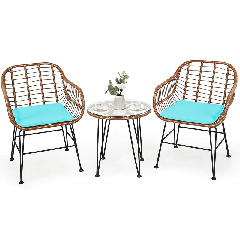 3 Pieces Patio Rattan Bistro Set with Cushion-Turquoise - Relaxacare