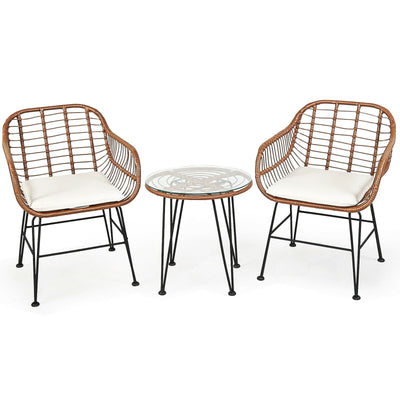 3 Pieces Patio Rattan Bistro Set with Cushion-White - Relaxacare