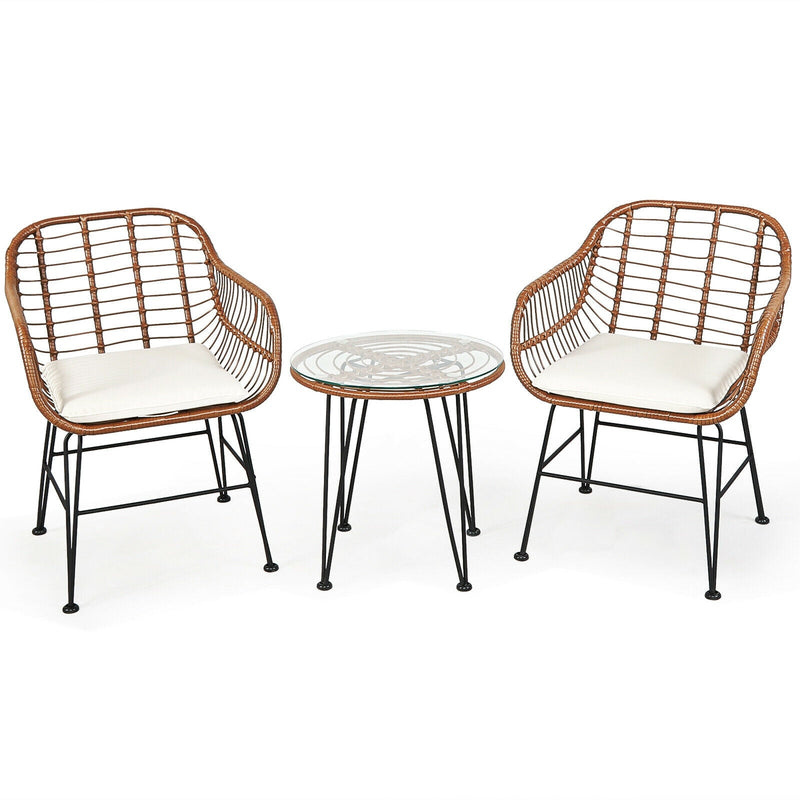 3 Pieces Patio Rattan Bistro Set with Cushion-White - Relaxacare