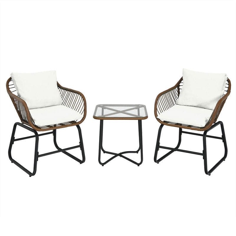 3 Pieces Patio Rattan Bistro Set with Cushions and Glass Table - Relaxacare