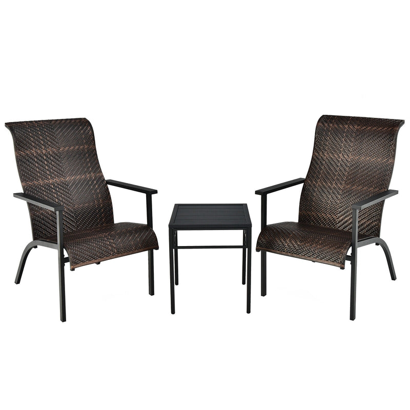 3 Pieces Patio Rattan Bistro Set with High Backrest and Armrest-Brown - Relaxacare