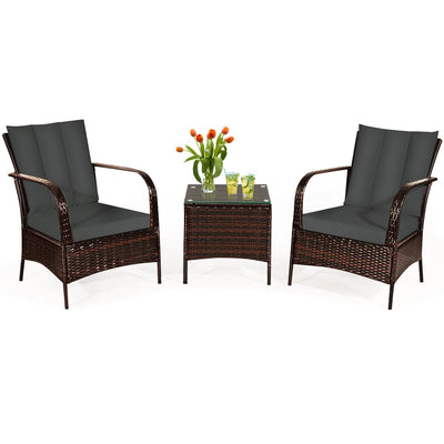 3 Pieces Patio Rattan Conversation Set with Glass Top Coffee Table and Cushions - Relaxacare