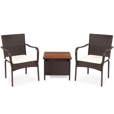 3 Pieces Patio Rattan Furniture Bistro Set with Wood Side Table and Stackable Chair - Relaxacare