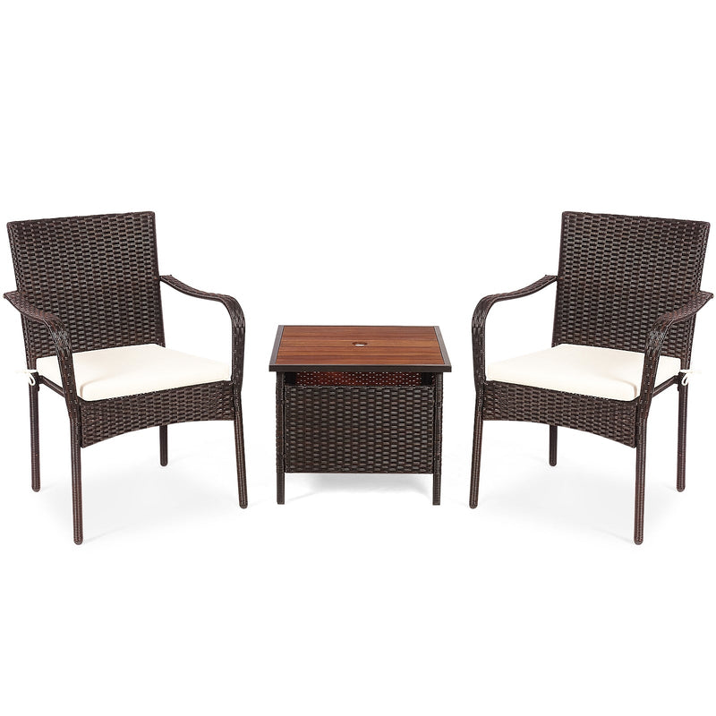 3 Pieces Patio Rattan Furniture Bistro Set with Wood Side Table and Stackable Chair - Relaxacare