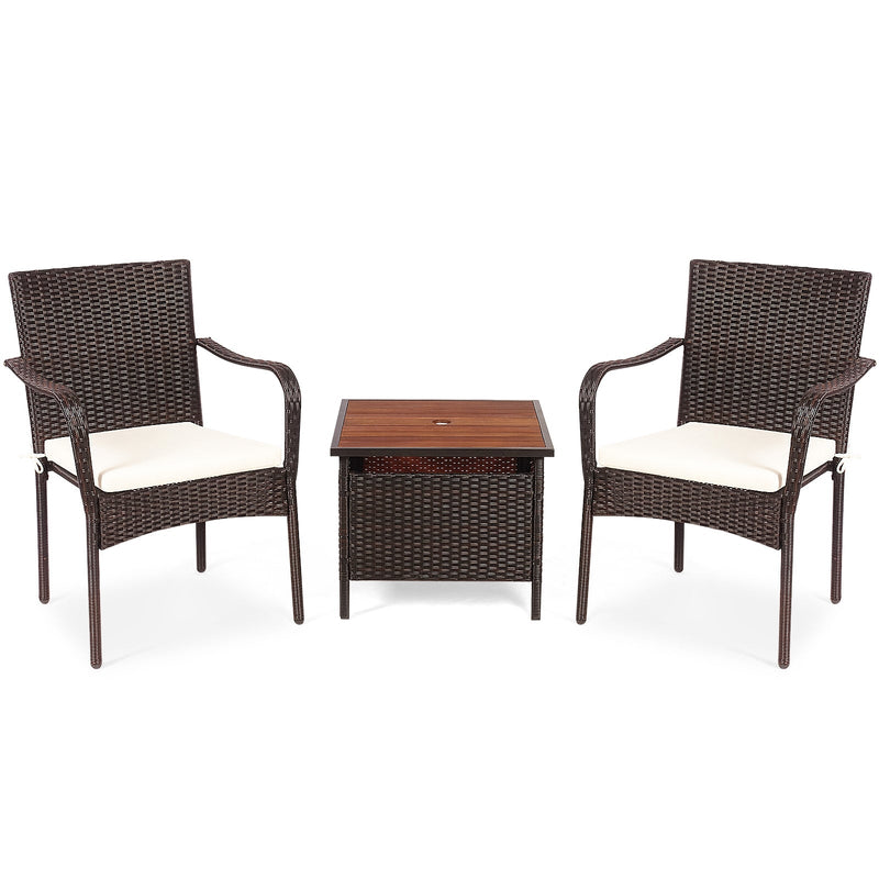 3 Pieces Patio Rattan Furniture Bistro Set with Wood Side Table and Stackable Chair - Relaxacare