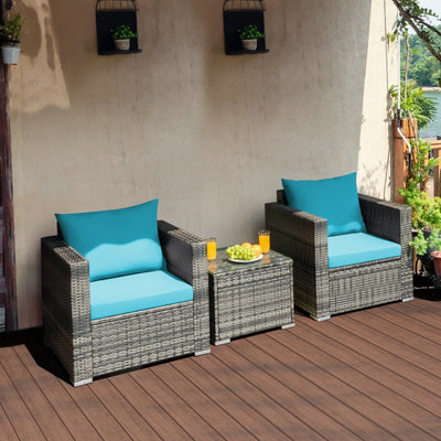 3 Pieces Patio Rattan Furniture Bistro Sofa Set with Cushioned-Turquoise - Relaxacare