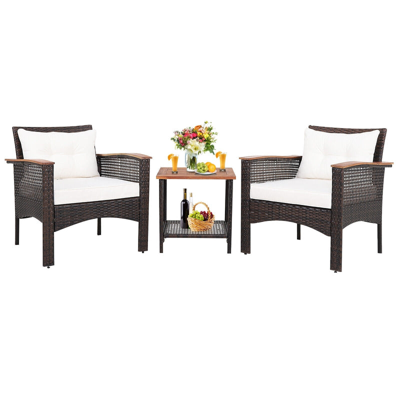 3 Pieces Patio Rattan Furniture Set with Acacia Wood Tabletop - Relaxacare