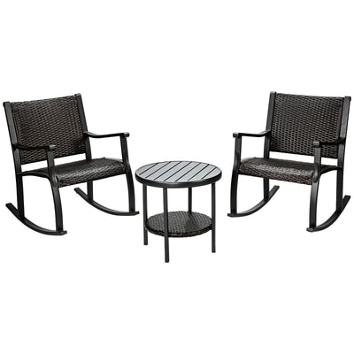 3 Pieces Patio Rattan Furniture Set with Coffee Table and Rocking Chairs - Relaxacare