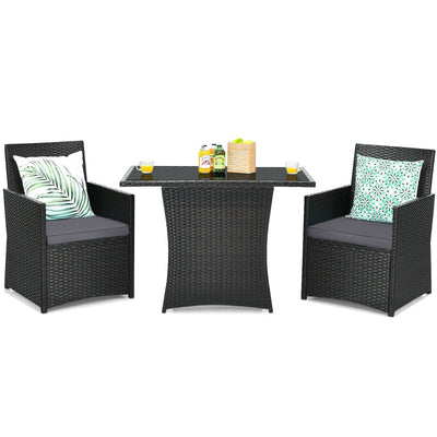 3 Pieces Patio Rattan Furniture Set with Cushion and Sofa Armrest-Gray - Relaxacare