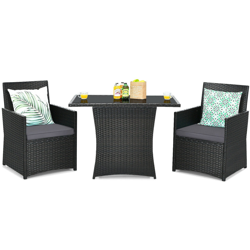 3 Pieces Patio Rattan Furniture Set with Cushion and Sofa Armrest-Gray - Relaxacare