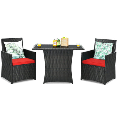 3 Pieces Patio Rattan Furniture Set with Cushion and Sofa Armrest-Red - Relaxacare