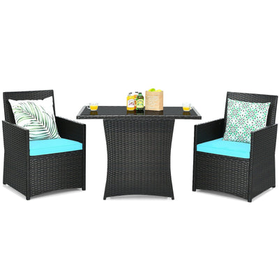 3 Pieces Patio Rattan Furniture Set with Cushion and Sofa Armrest-Turquoise - Relaxacare