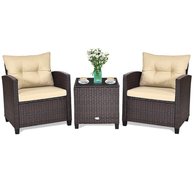 3 Pieces Patio Rattan Furniture Set with Cushion-Beige - Relaxacare