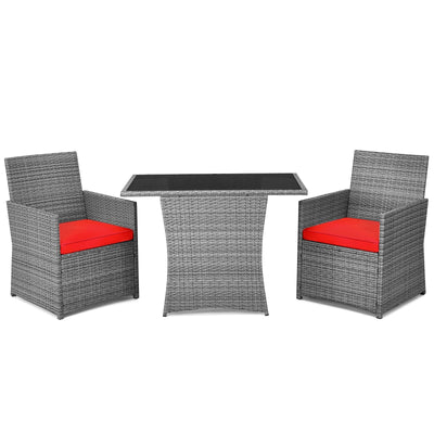 3 Pieces Patio Rattan Furniture Set with Cushioned Armrest Sofa-Red - Relaxacare