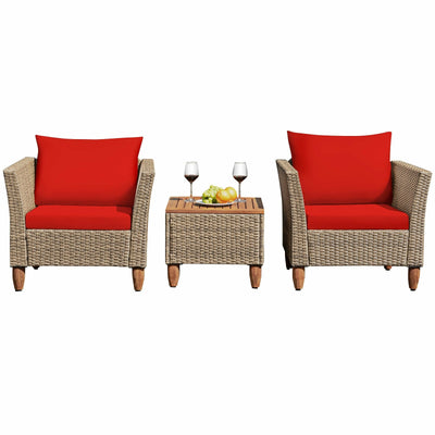 3 Pieces Patio Rattan Furniture Set with Washable Cushion for Yard Porch-Red - Relaxacare