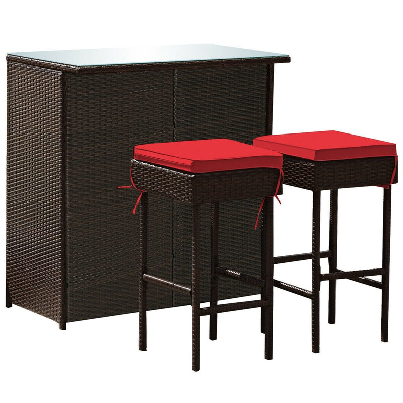3 Pieces Patio Rattan Wicker Bar Table Stools Dining Set-Red - Relaxacare