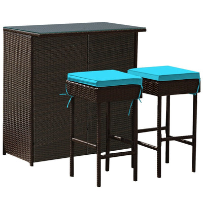 3 Pieces Patio Rattan Wicker Bar Table Stools Dining Set-Turquoise - Relaxacare