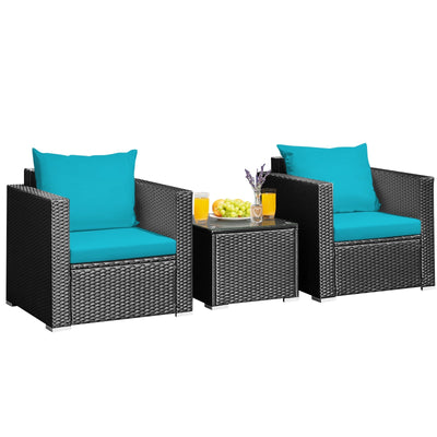 3 Pieces Patio Wicker Conversation Set with Cushion-Turquoise - Relaxacare