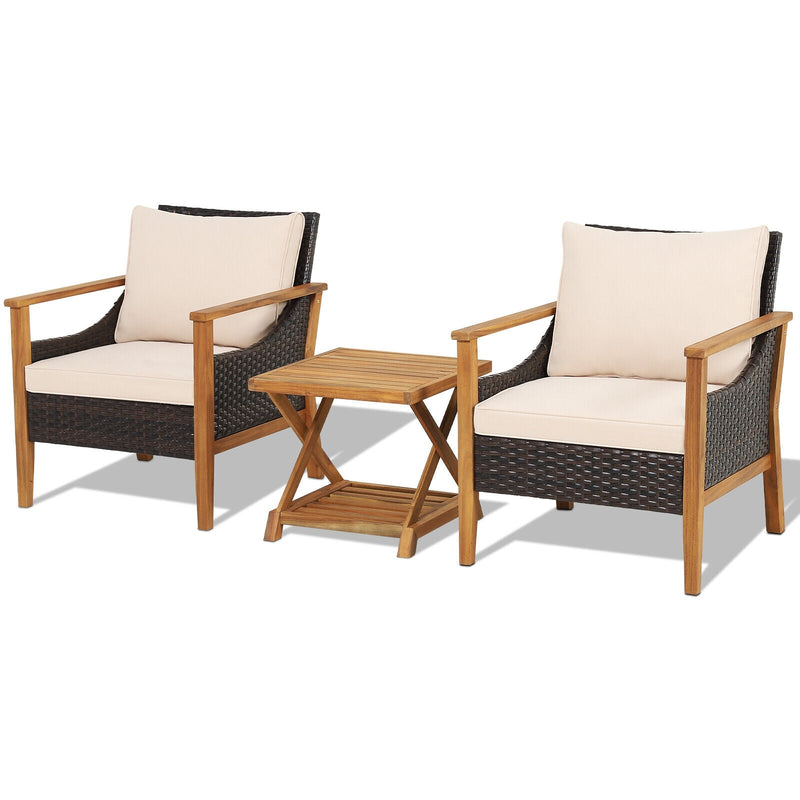 3 Pieces Patio Wicker Furniture Set with 2-Tier Side Table and Cushioned Armchairs - Relaxacare